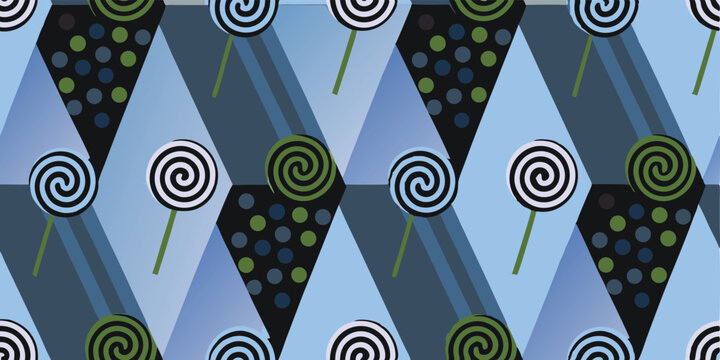 Seamless vector pattern with lollipops and geometric shapes for fabric or background