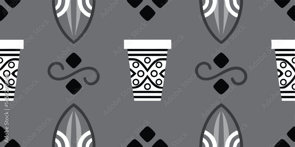 Aufkleber seamless monochrome pattern with cup motif and abstract geometric elements in gray