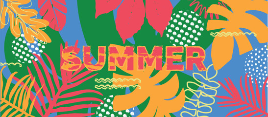 Tropical  Vector Pattern with Colorful Jungle Leaves, Summer Exotic Design