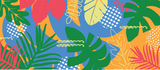 Tropical Leaves Seamless Pattern, Colorful Abstract Summer Background