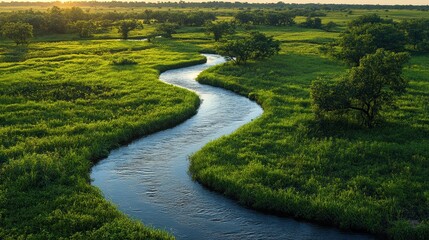 Serpentine river winding through verdant meadows at sunrise.