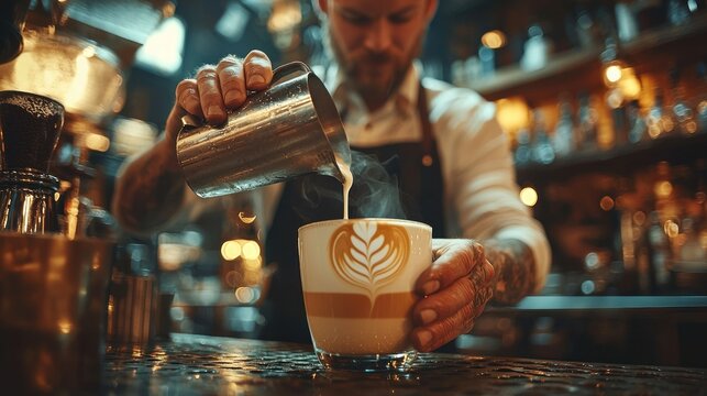 Latte art creation in a coffee shop.  A barista carefully pours steamed milk over a coffee drink, creating a beautiful leaf pattern