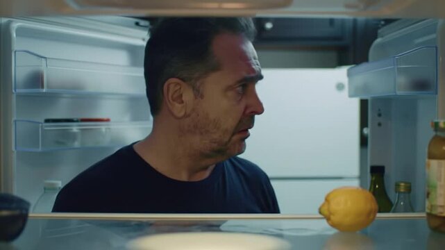 A man stands in front of an empty refrigerator, his face showing sadness and frustration as he stares at the bare shelves
