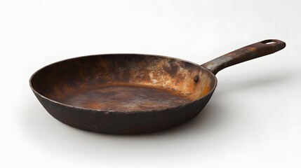 Rusty frying pan with white background.
