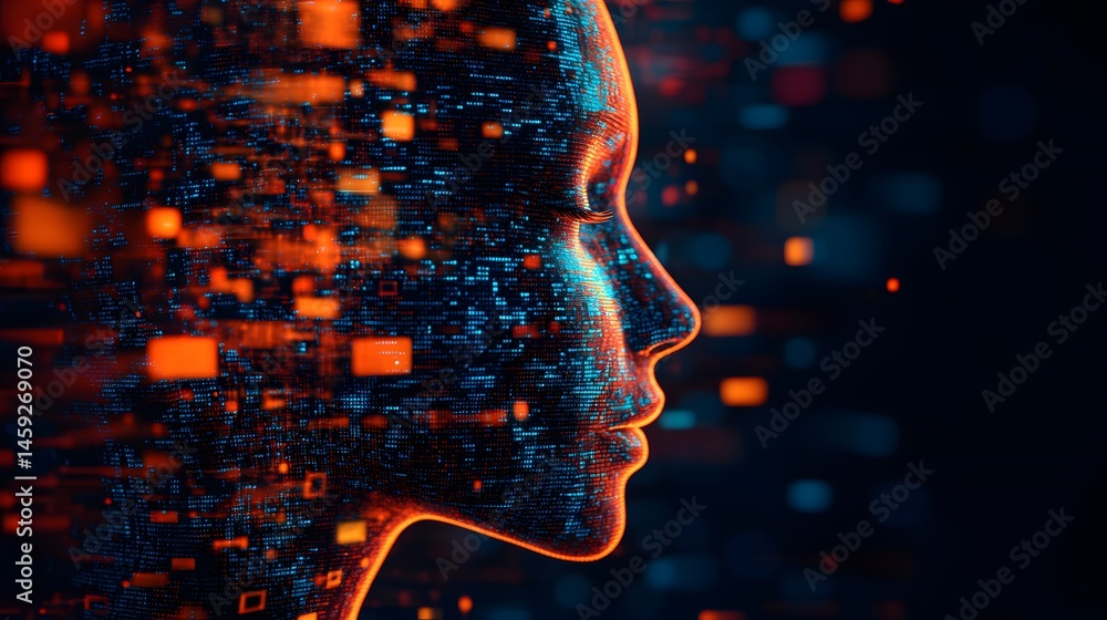 Poster digital ai human face with abstract cyber patterns for futuristic tech and art design