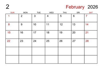 Blank white calendar page for February 2026 year for your appointment.