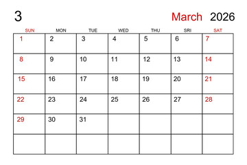 Blank white calendar page for March 2026 year for your appointment.