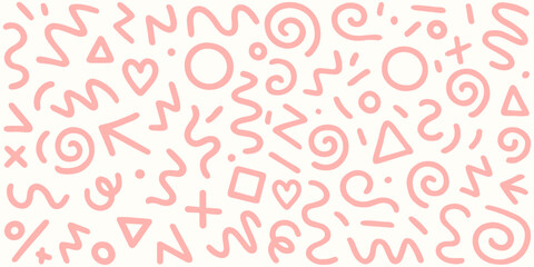 A playful and modern abstract pattern with pink doodles, featuring squiggles, shapes, hearts, and circles, set against a neutral background. Vector illustration.