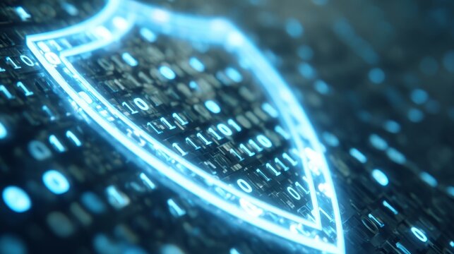 Abstract digital shield with glowing binary code, symbolizing futuristic cyber protection in cool blue and silver tones.

