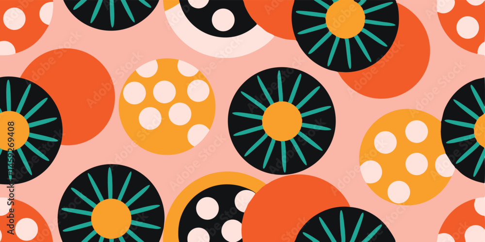 Poster abstract seamless pattern with colorful geometric circles and dots on a pink background