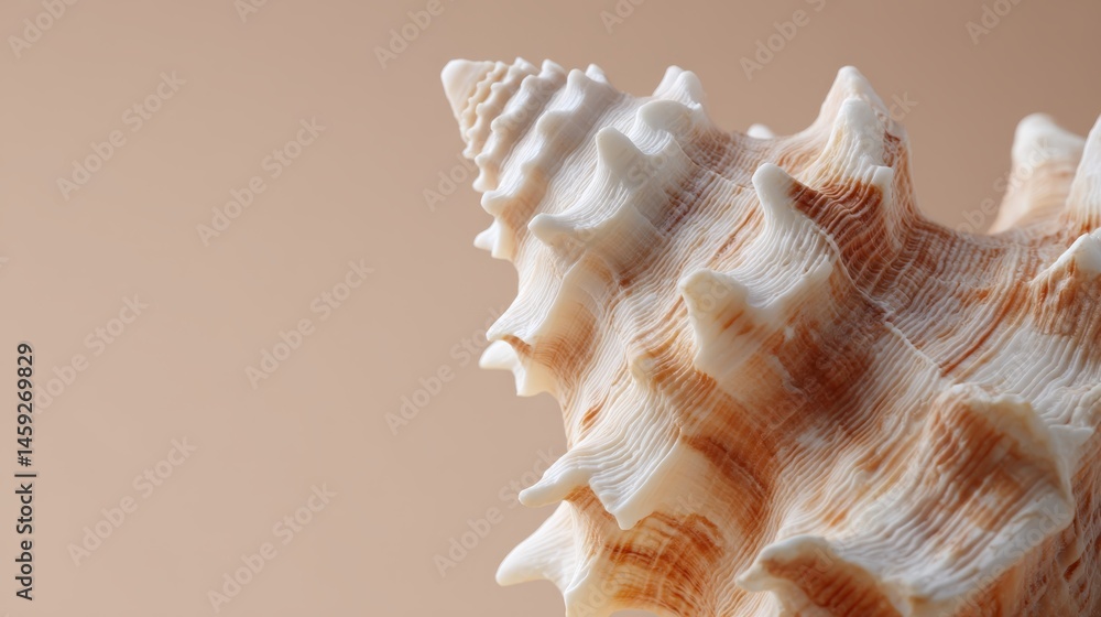 Poster Polished seashell with complex ridges positioned on a smooth beige surface, emphasizing its natural detail and soft shadows, ideal for stock imagery