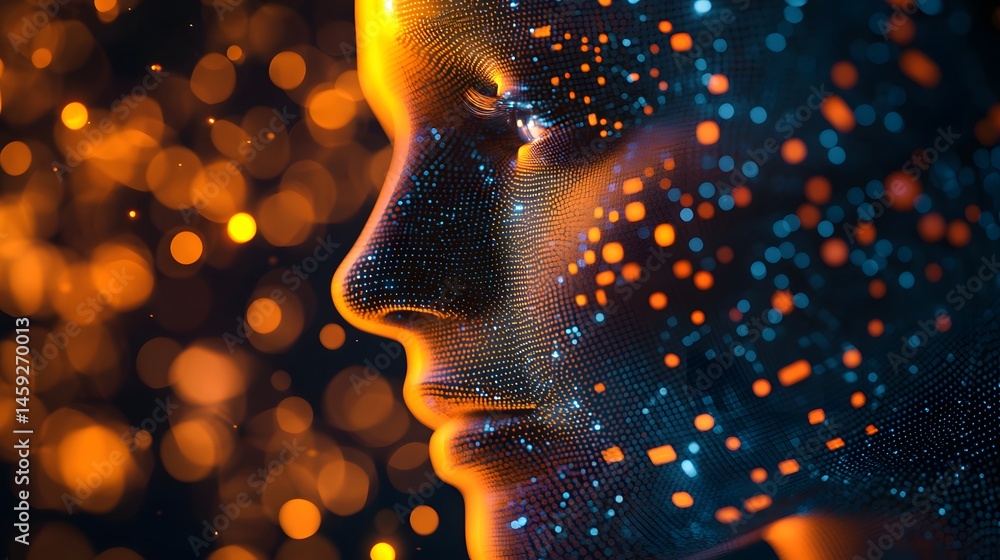 Poster futuristic digital human face with bokeh background for ai and cyber art concepts