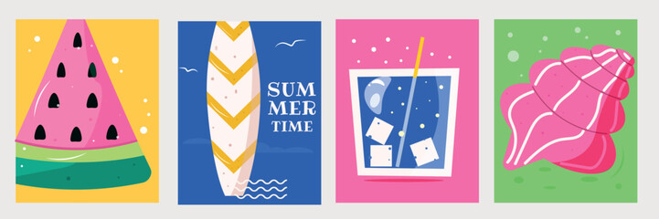 Summer colorful poster. Watermelon, surf board, drink, seashell. Vector illustration