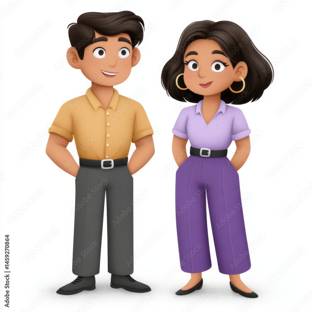 Poster engaging animated characters standing confidently side by side in casual outfits showcasing modern f