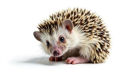 Obraz premium Tiny hedgehog curled in a ball, isolated on pure white background, grey, mammal, brown