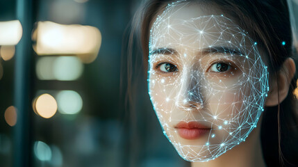 Woman with Digital Face and Technology Overlay in Urban Environment