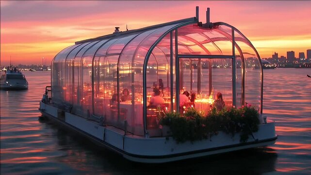 Enchanting sunset dinner cruise on a transparent-roofed boat. Romantic ambiance, city skyline, tranquil waters