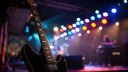 Fototapeta premium A close-up of a black electric guitar in front of a colorful stage with blurred lights, creating a vibrant atmosphere for a music performance.