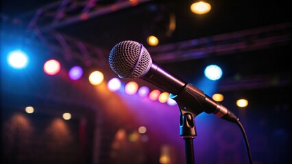 Close-up of a microphone on stage, illuminated by colorful lights, creating a vibrant atmosphere for performances or events.