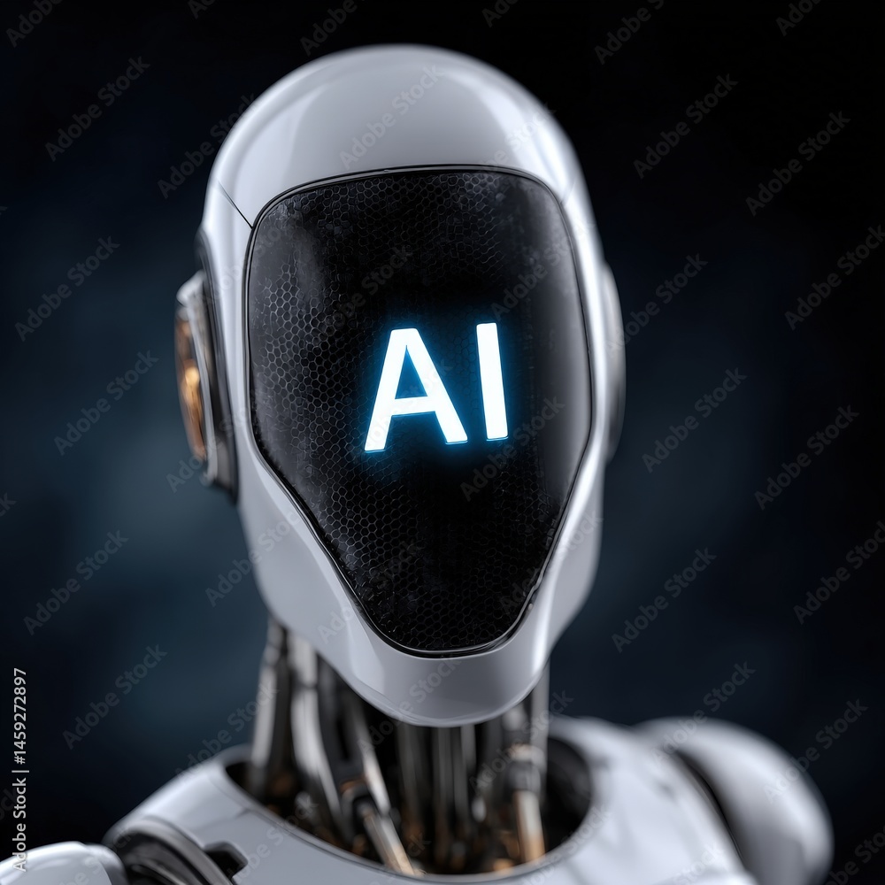 Poster futuristic humanoid robot embodying artificial intelligence concept enhanced with glowing ai interfa