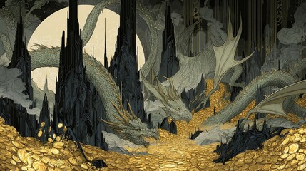 Stylized illustration of dark trees and foliage against a large moon.