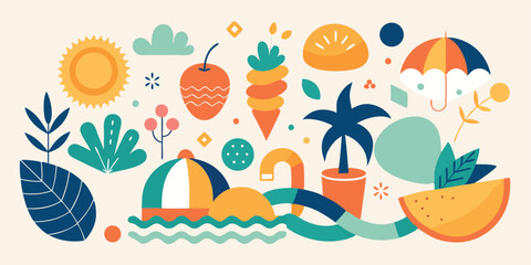 Fototapeta premium Playful summer vacation theme with tropical elements and cheerful colors vector illustration