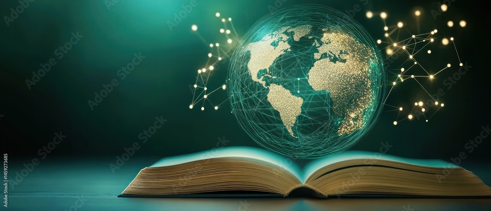 Poster open book with globe hologram representing global knowledge