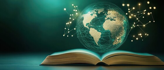 Open book with globe hologram representing global knowledge