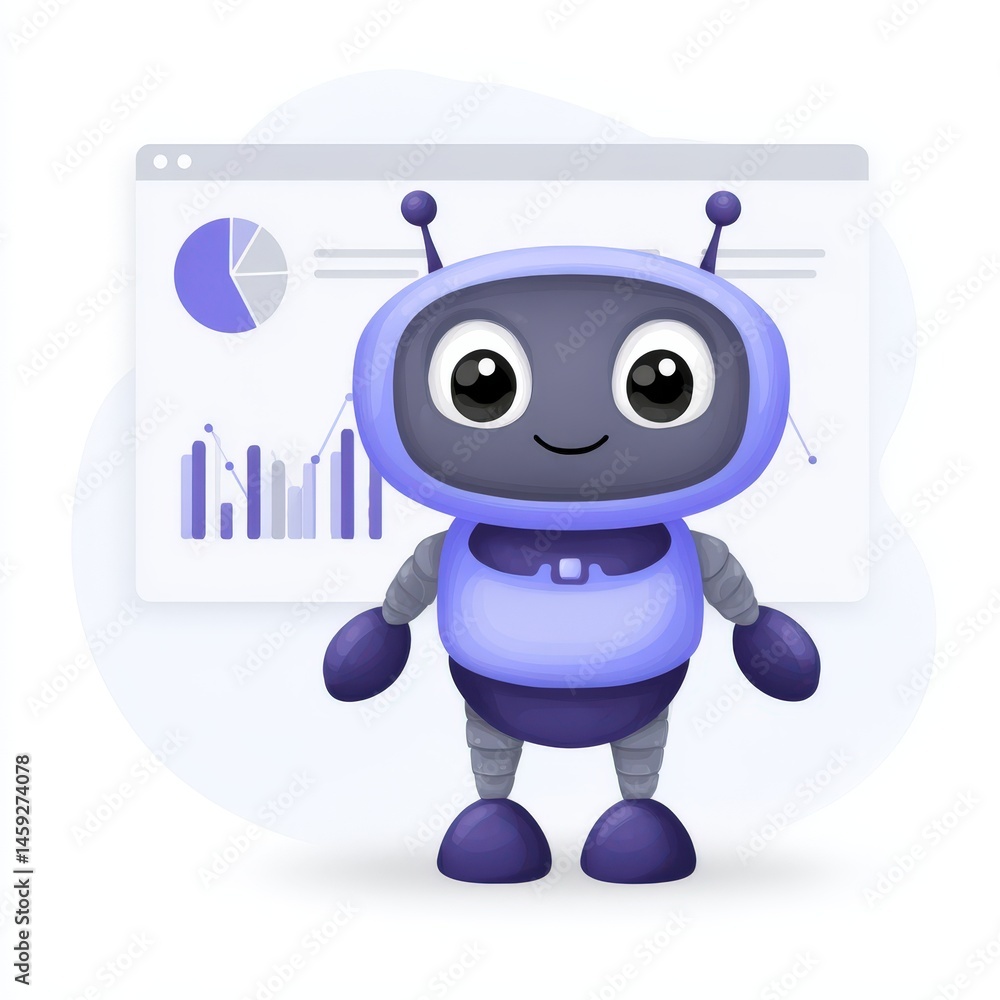 Poster friendly robot character with a happy expression in a modern setting showcasing digital data analyti