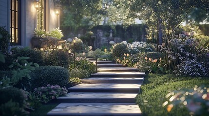 Obraz premium Stone pathway through serene garden landscape
