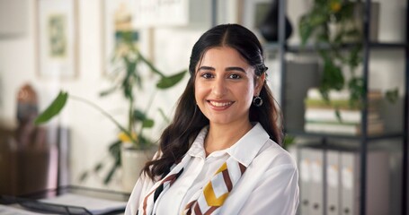 Happy, portrait and business woman with confidence for administration or secretary assistance at...