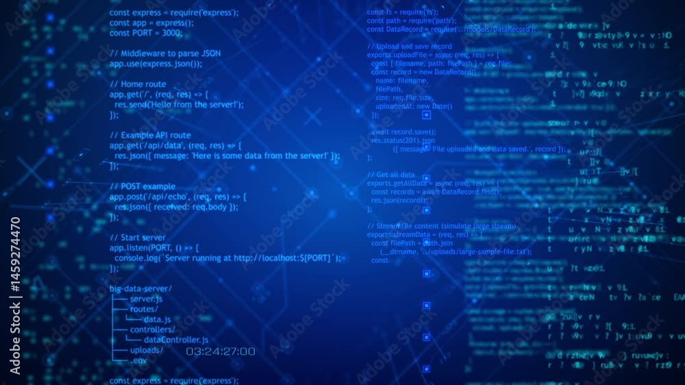 Poster futuristic blue digital background with glowing code snippets, abstract tech patterns, and cyber ele