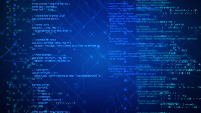 Futuristic blue digital background with glowing code snippets, abstract tech patterns, and cyber elements. Ideal for cybersecurity, programming, and software footage