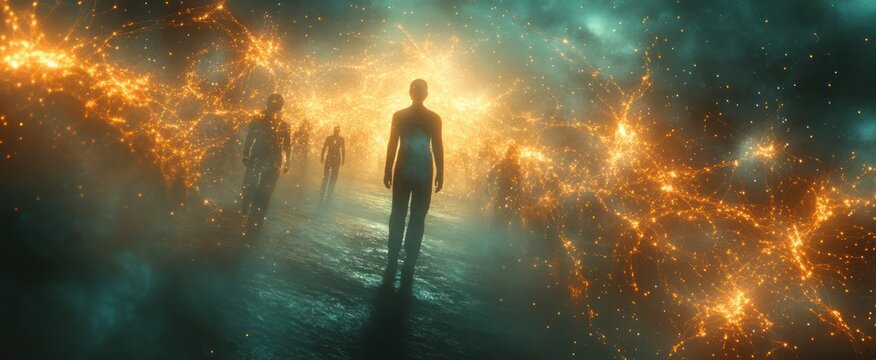 A lone figure walks towards a fiery, ethereal gateway, surrounded by other shadowy figures in a mystical, smoky landscape