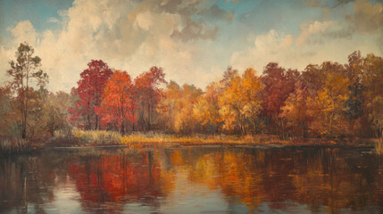 Autumn trees reflecting in lake oil painting