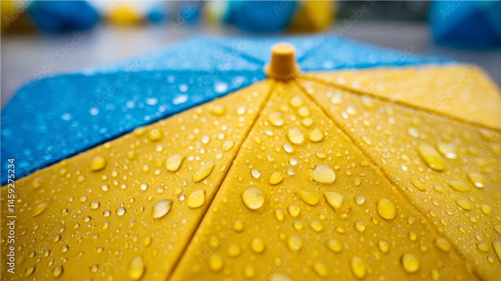 Poster Close-up of a glossy yellow surface adorned with water droplets, showcasing an abstract geometric pattern. The vibrant backdrop offers ample copy space for text