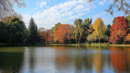 Fototapeta premium Lake with Colorful Trees in Autumn