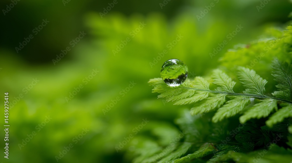 Poster a close-up of a vibrant green fern featuring a water droplet that captures a tiny forest within, sur