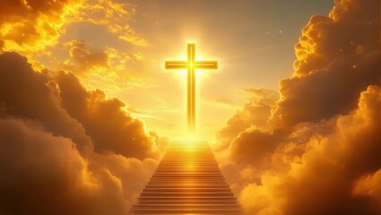 Glowing Cross Above Golden Stairs Among Clouds