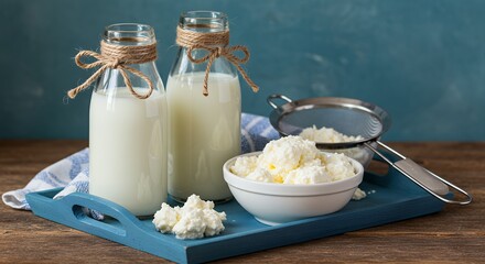 Bottled Milk and Cottage Cheese on Tray