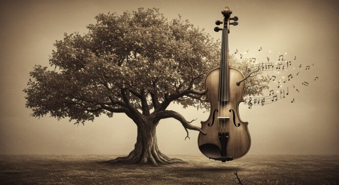 Violin Transforming into a Tree with Musical Notes as Leaves