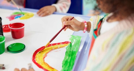 Kindergarten, hands and child with painting for education, creativity and skills development. Preschool, drawing and kid as student for artwork, learning and growth activity in classroom with brush