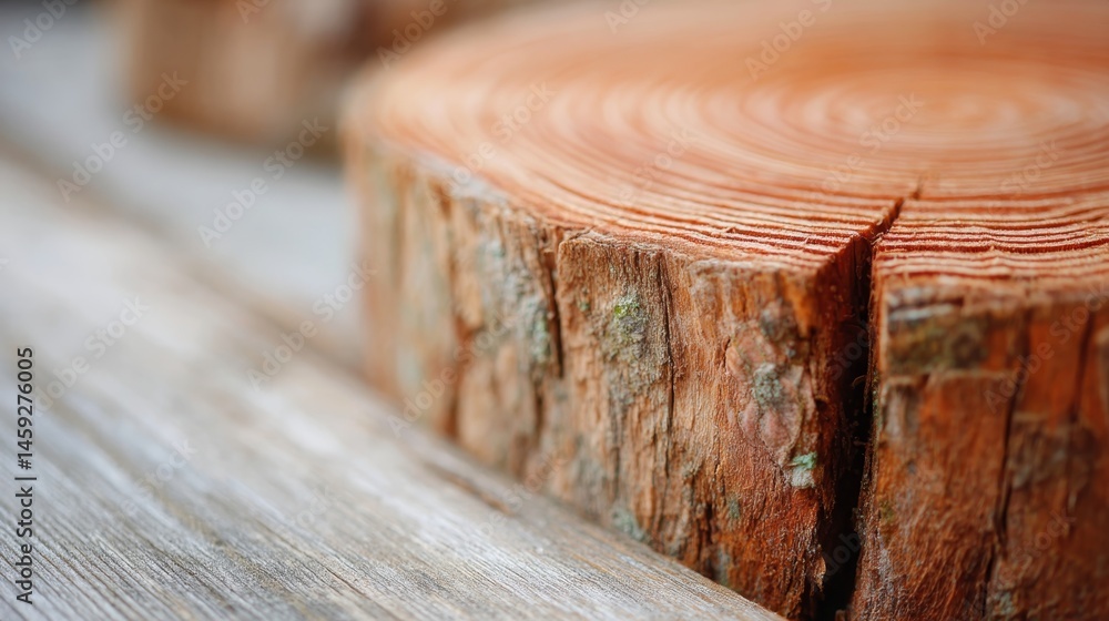 Poster macro shot captures details of a tree cross-section, highlighting growth rings and uneven bark edges