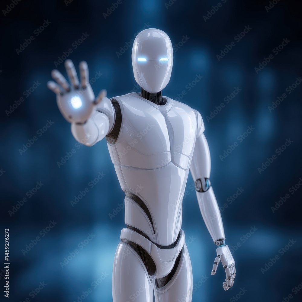Poster futuristic humanoid robot extending a hand in a modern technology setting with glowing blue accents 