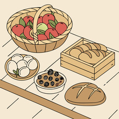 Rustic Morning Table Filled with Fresh Breads and Seasonal Fruits