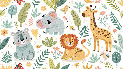 Obraz premium Cute Jungle Animals Illustration with Lion, Zebra, Elephant and More