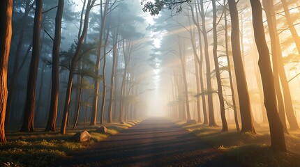 Obraz premium Low angle perspective 3D rendering of a tranquil Japanese forest path, mist, warm morning light, volumetric lighting, looking up, dramatic light beams through fog