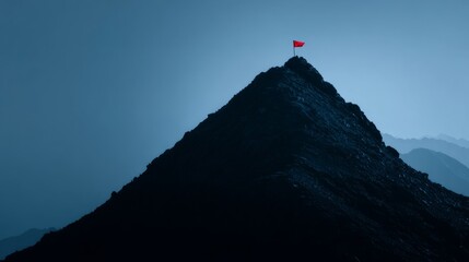 Mountain peak with flag at summit, symbolizing achievement and triumph

