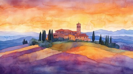 Watercolor painting of a Tuscan hilltop village at sunset.