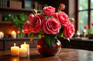 Obraz premium Blossoms in Ceramic Vase with Candles around